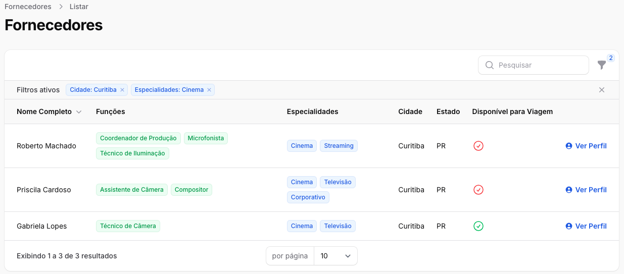 Listagem de Fornecedores - CineFinder Pro
